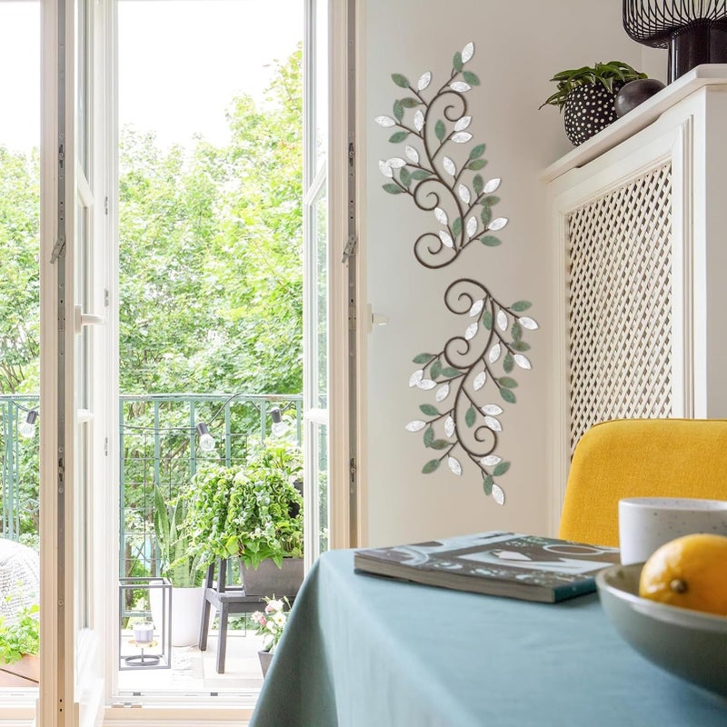 ESTART 2 Pieces Metal Tree Leaf Wall Decor Vine Olive Branch Leaf Wall Art Ornament Wall Hanging Sign for above Door, Living Room, Bathroom, Office, Indoor and Outdoor Decoration (White Green Colors) - Image 4