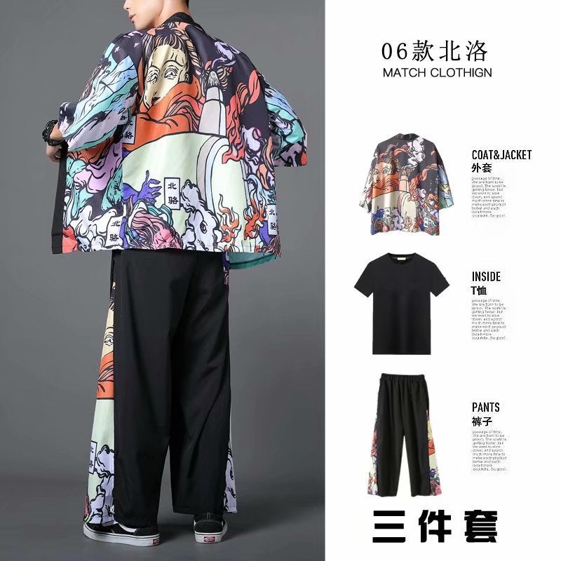 Hanfu Three-Piece Set Summer Chinese Style Robe for Men and Women Couples Fairy Style Loose Straight-Leg Wide-Leg Pants Set Class Clothes 06 Beiluo black 3-piece set 