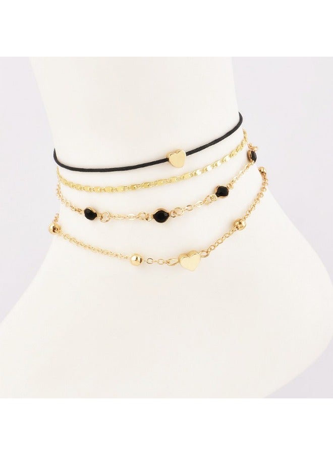 خلخال متعدد الطبقات من 4 قطع للنساء ، مجوهرات سلسلة القدم واليد ، شخصية إبداعية ، سلسلة كاحل حزام مكدسة - Image 1