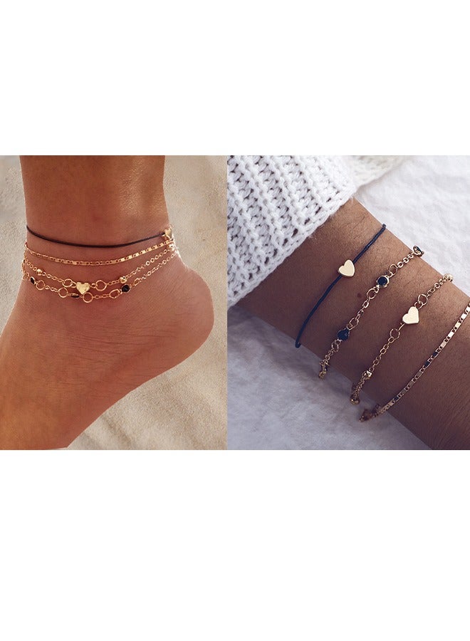 خلخال متعدد الطبقات من 4 قطع للنساء ، مجوهرات سلسلة القدم واليد ، شخصية إبداعية ، سلسلة كاحل حزام مكدسة - Image 4