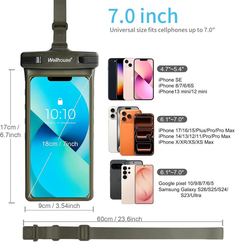 Wellhouse Waterproof Phone Pouch, Waterproof Phone Case for iPhone 16 15 14 13 12 Pro Max XS Samsung, IPX8 3D Cellphone Dry Bag Beach Essentials (1 Pack - Olive7.0, 7 inch) - Image 4