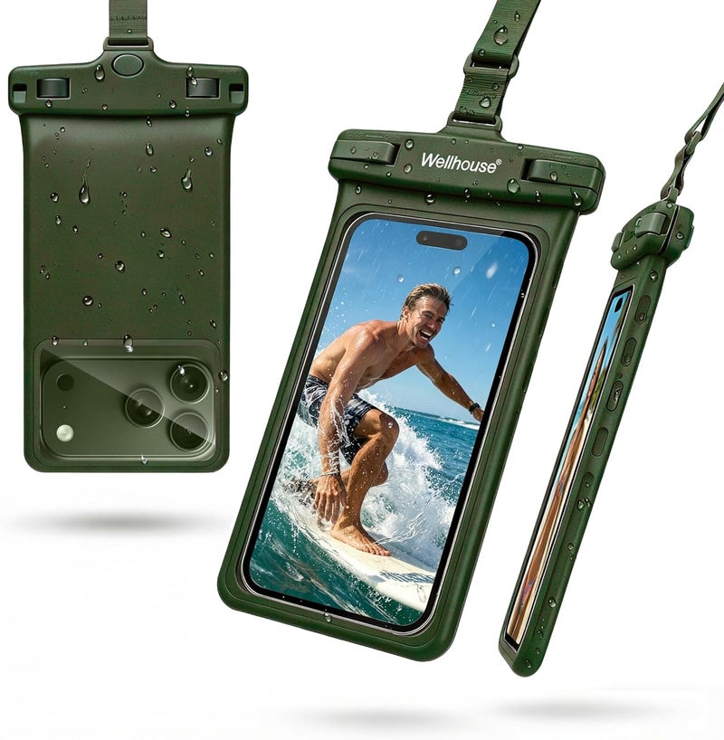 Wellhouse Waterproof Phone Pouch, Waterproof Phone Case for iPhone 16 15 14 13 12 Pro Max XS Samsung, IPX8 3D Cellphone Dry Bag Beach Essentials (1 Pack - Olive7.0, 7 inch) - Image 1