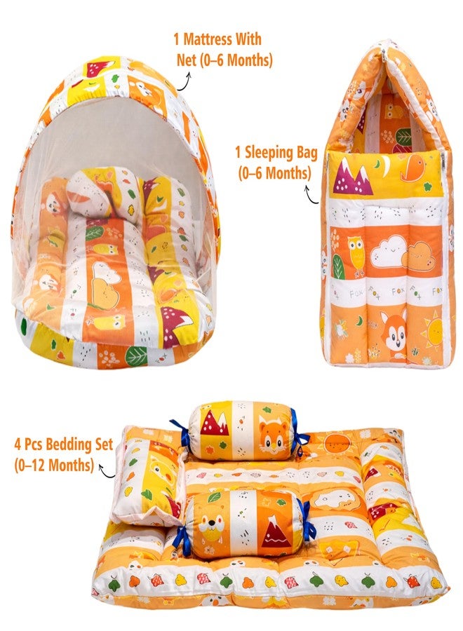 Fareto Combo of Baby Bed with Net | Carry Bag | 4 Pcs Bedding Set (0-6 Months, Baby Size, Cotton) (Orange Fox) - Image 5