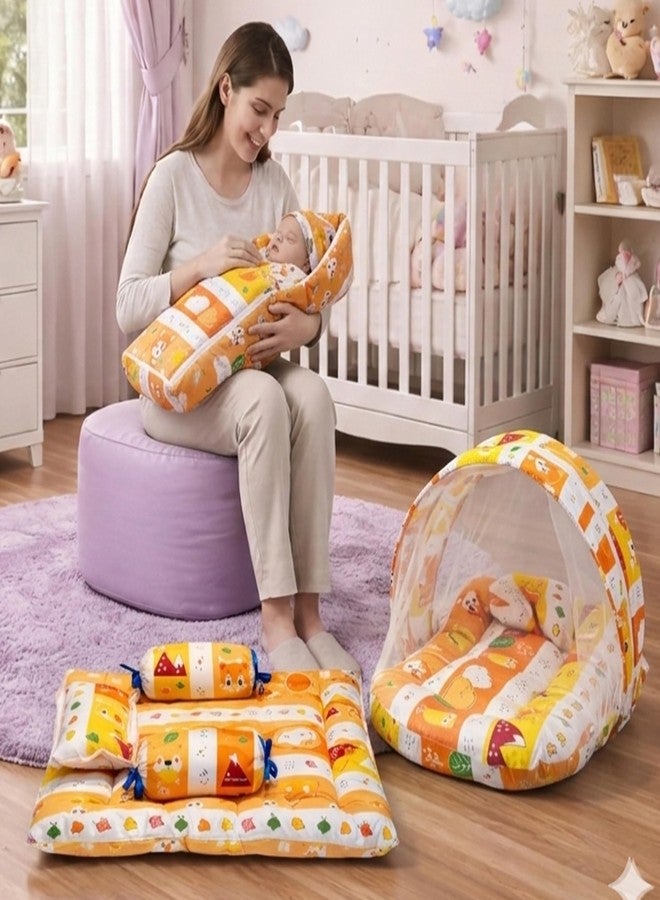Fareto Combo of Baby Bed with Net | Carry Bag | 4 Pcs Bedding Set (0-6 Months, Baby Size, Cotton) (Orange Fox) - Image 1