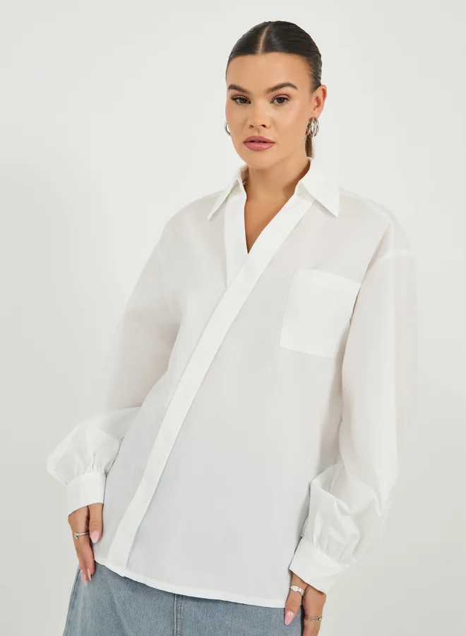 Styli Oversized Wrap Collared Blouse with Pocket Detail