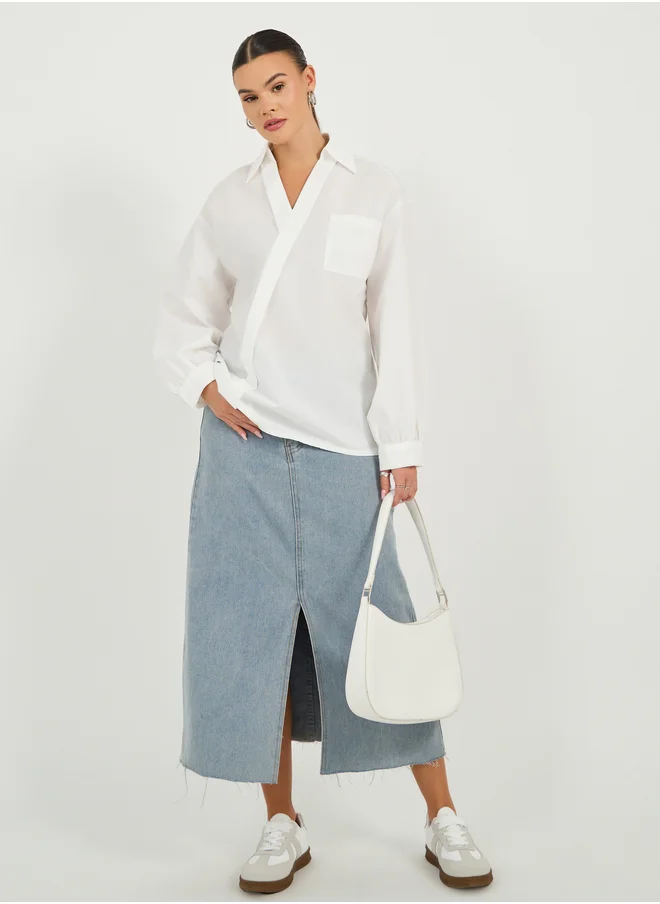ستايلي Oversized Wrap Collared Blouse with Pocket Detail
