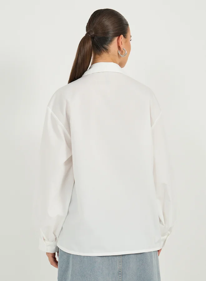 Styli Oversized Wrap Collared Blouse with Pocket Detail