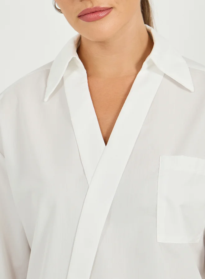 Styli Oversized Wrap Collared Blouse with Pocket Detail