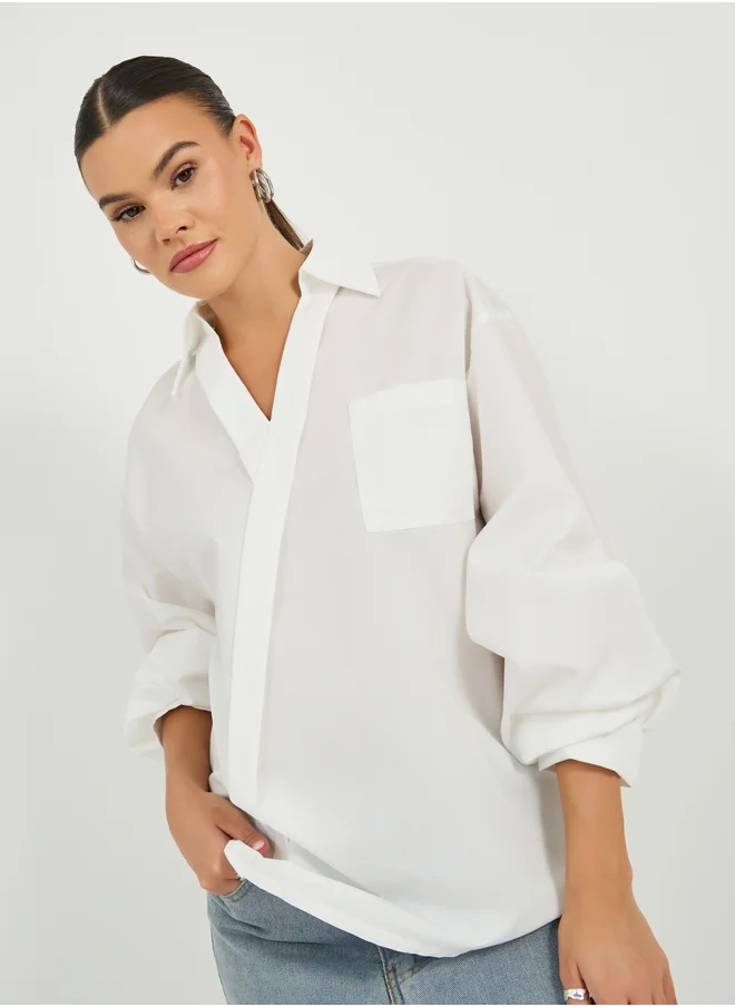 ستايلي Oversized Wrap Collared Blouse with Pocket Detail