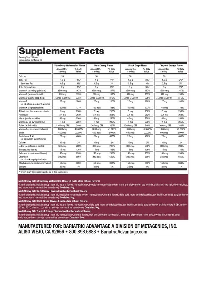 Bariatric Advantage Multi Chewy Bite - Soft Chew Multivitamin for Bariatric Surgery Patients - Chewable Multivitamin with Folic Acid, Vitamin D3 & More - Assorted Fruit Flavor - 60 Count