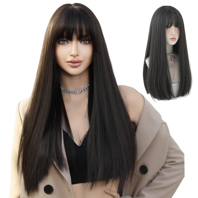 7JHH WIGS Long Straight Wig With Bangs Hair Dye Black Wig for Women Synthetic Natural Black Hair Party And Cosplay Premium Soft Wig23 inch Black