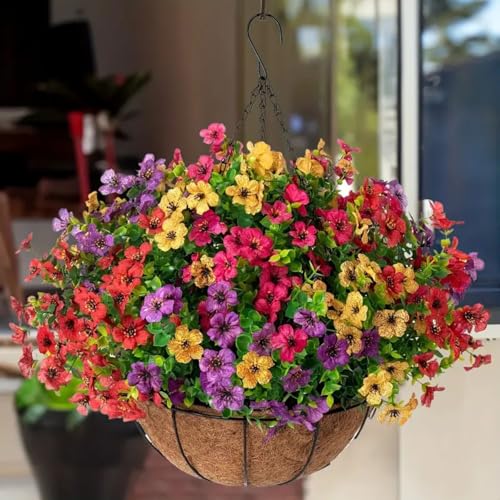 Ekhasa Artificial Faux Hanging Plants Flowers Basket for Summer Outdoor Outside Decoration, Fake Silk UV Sun Resistant Look Real Colorful Daisy Eucalyptus for Porch Home Patio Balcony Yard - Image 2