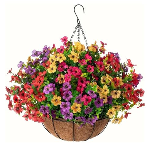 Ekhasa Artificial Faux Hanging Plants Flowers Basket for Summer Outdoor Outside Decoration, Fake Silk UV Sun Resistant Look Real Colorful Daisy Eucalyptus for Porch Home Patio Balcony Yard - Image 1