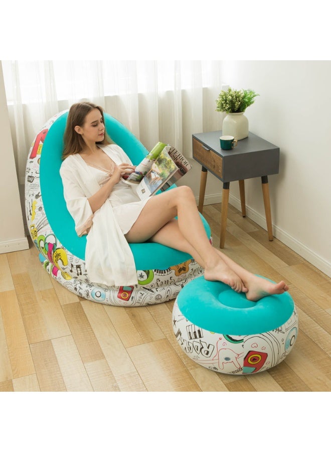 Inflatable Chair and Footrest Set (2 Pieces) - Velvet Lounge Sofa for Living Room, Camping, Beach - Multicolor (With Blower Gift) (Blue 1) - Image 4