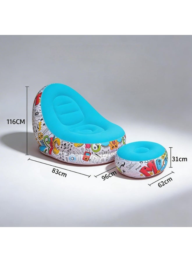 Inflatable Chair and Footrest Set (2 Pieces) - Velvet Lounge Sofa for Living Room, Camping, Beach - Multicolor (With Blower Gift) (Blue 1) - Image 5