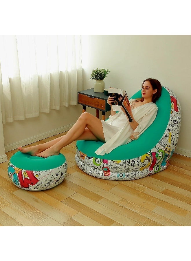 Inflatable Chair and Footrest Set (2 Pieces) - Velvet Lounge Sofa for Living Room, Camping, Beach - Multicolor (With Blower Gift) (Blue 1) - Image 2