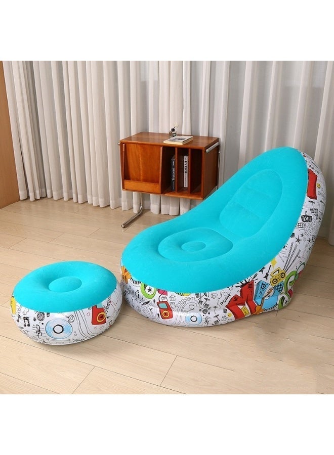Inflatable Chair and Footrest Set (2 Pieces) - Velvet Lounge Sofa for Living Room, Camping, Beach - Multicolor (With Blower Gift) (Blue 1) - Image 1