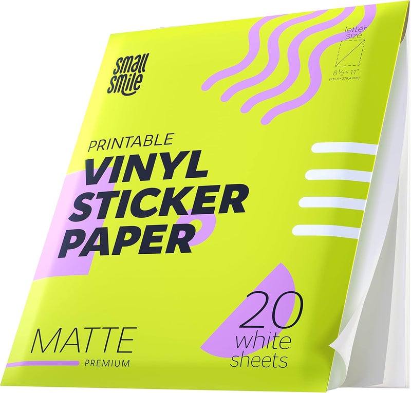SMALL SMILE Premium Printable Vinyl Sticker Paper for Inkjet Printer and Laser - 20 White Matte Sticker Paper Waterproof - Durability Adhesive Paper 8.5 x 11, Fast Dry, Holds Ink Well, Great for Cutting Machines - Image 1