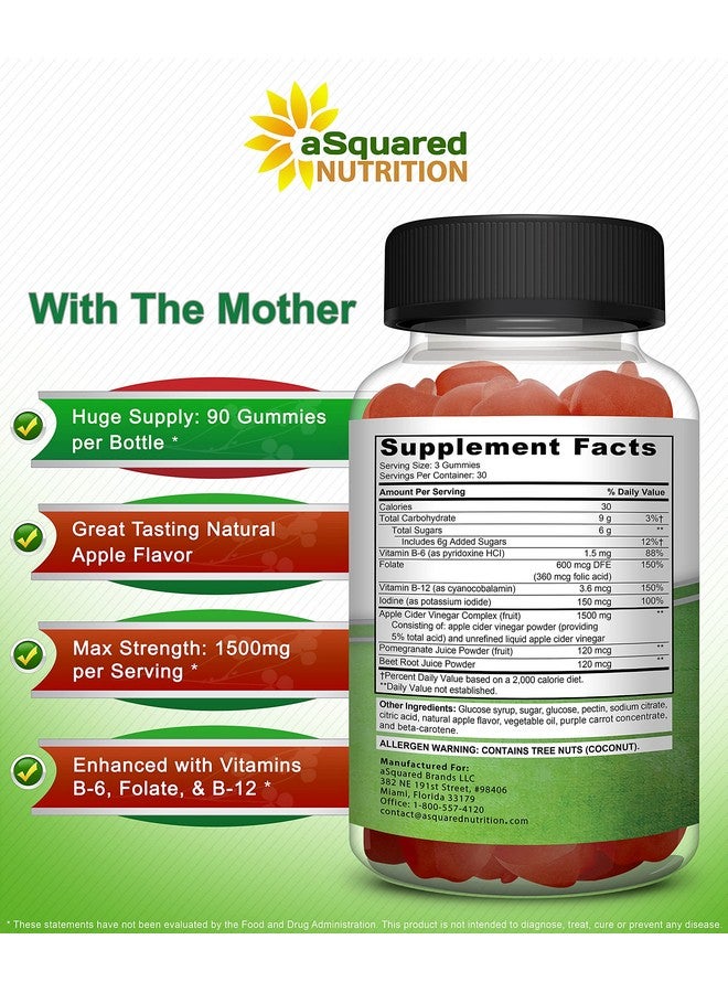 aSquared Nutrition Apple Cider Vinegar Gummies - 1500mg with The Mother - 90 ACV Gummies w/Vitamin B6 & B12, Folic Acid - Vegan Gummy Supplement Alternative to Capsules Pills & Drink - Image 3