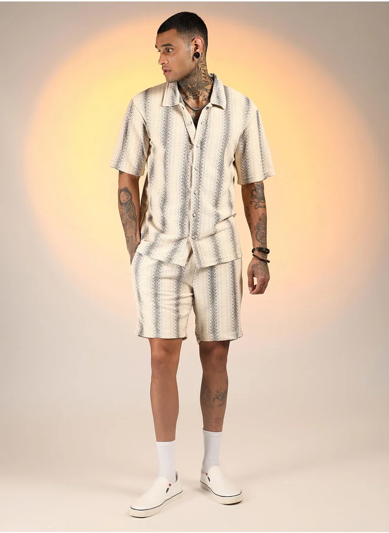 Campus Sutra Men's Ivory White & Midnight Black Texture-Striped Co-Ord Set