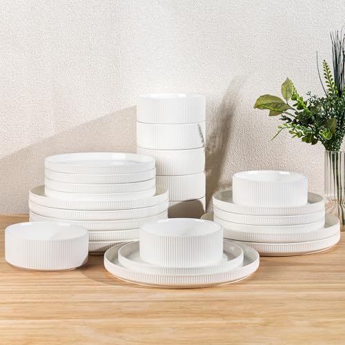 TheTerra Ceramic Dinnerware Sets for 8, 24 Pieces Porcelain Lightweight Plates and Bowls Sets, Scratch Resistant Dish Set, Oven & Microwave & Dishwasher Safe, Crisp White - Image 1