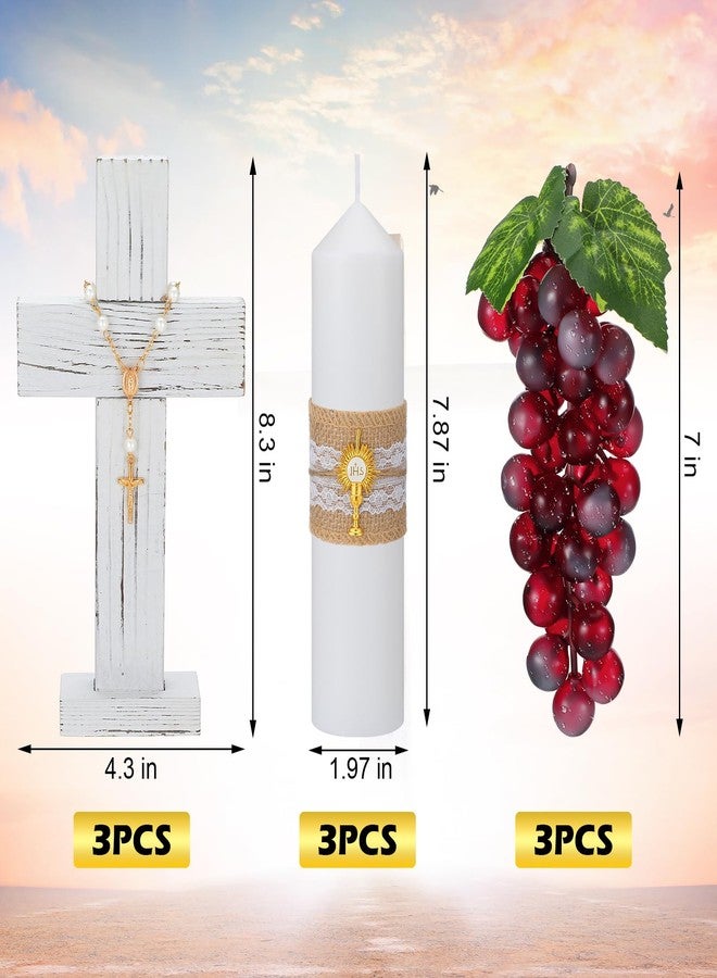 Amyhill 3 Sets Cross Table Decor Baptism Centerpieces Sets Confirmation Candle Standing Cross with Jhs Candles First Communion Table Decor for Wedding Baby Shower Christening Church - Image 2