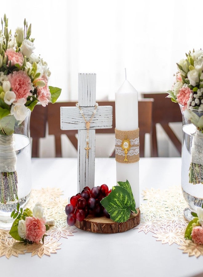 Amyhill 3 Sets Cross Table Decor Baptism Centerpieces Sets Confirmation Candle Standing Cross with Jhs Candles First Communion Table Decor for Wedding Baby Shower Christening Church - Image 5
