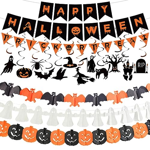 Gusgrop Halloween Decorations Indoor Party Decor, HAPPY HALLOWEEN Accessories with TRICK OR TREAT Banner, 3 PCS Large Garland Bat Ghost Pumpkin, Hanging Party Supplies Backdrop for Home Office Classroom - Image 1