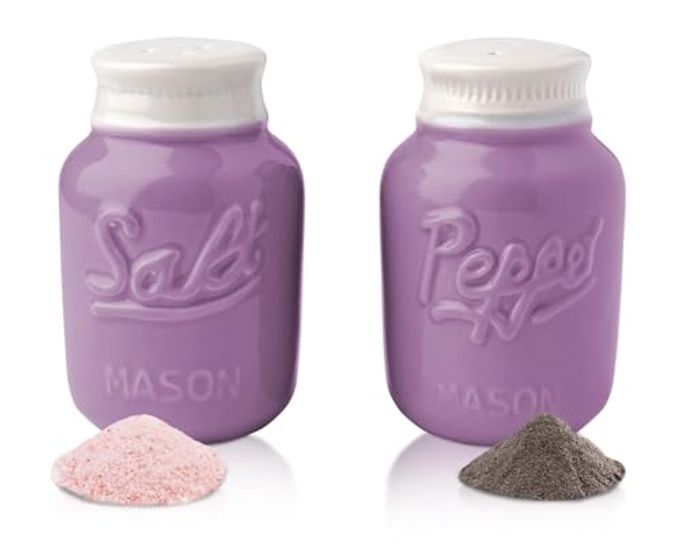 VINTAGE MASON JAR SALT PEPPER SHAKERS ADORABLE DECORATIVE MASON JAR DECOR FOR VINTAGE RUSTIC SHABBY CHIC STURDY CERAMIC IN PURPLE 35 OZ CAPACITY