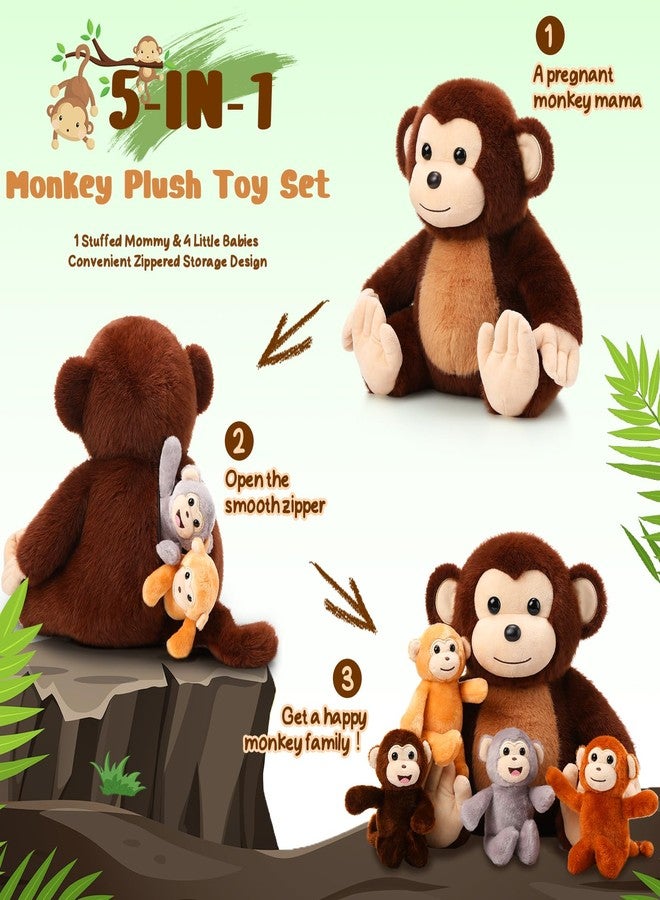 Aoriher 5 Pieces Monkey Plush Toy Set 1 Mommy Monkey Stuffed Animal with 4 Cute Plush Babies in Her Tummy 13 Inch Cuddly Monkey Plushie Gifts for Christmas Boys Girls Birthday Party(Cute Style) - Image 3