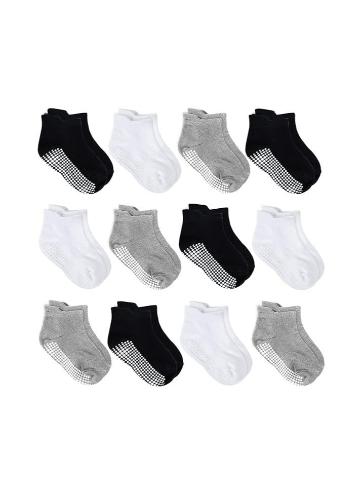 VIUAUAX جوارب بكعب صغير مطاطي منقط غير قابل للانزلاق، جوارب أطفال، جوارب أرضية بلون موحد، جوارب أطفال 12 زوجًا جوارب كاحل أطفال مضادة للانزلاق مع مقابض مانعة للانزلاق للأطفال الصغار الأولاد والبنات (12 زوجًا - أسود، أبيض، رمادي, - Image 2