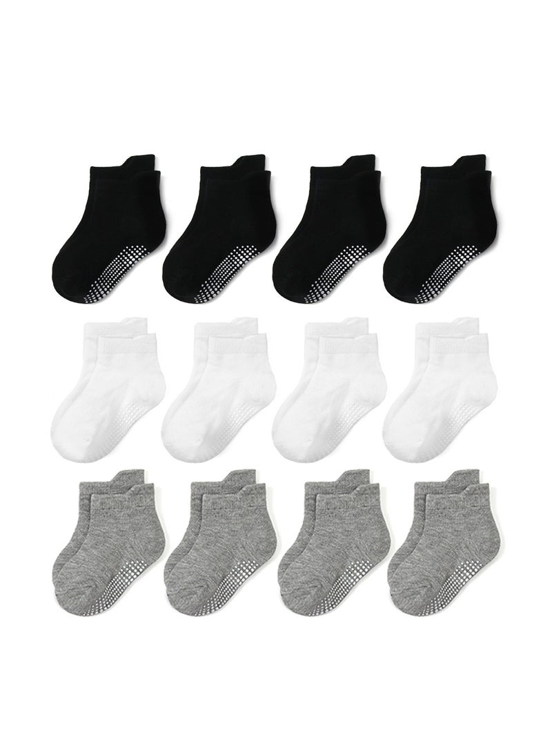 VIUAUAX جوارب بكعب صغير مطاطي منقط غير قابل للانزلاق، جوارب أطفال، جوارب أرضية بلون موحد، جوارب أطفال 12 زوجًا جوارب كاحل أطفال مضادة للانزلاق مع مقابض مانعة للانزلاق للأطفال الصغار الأولاد والبنات (12 زوجًا - أسود، أبيض، رمادي, - Image 1