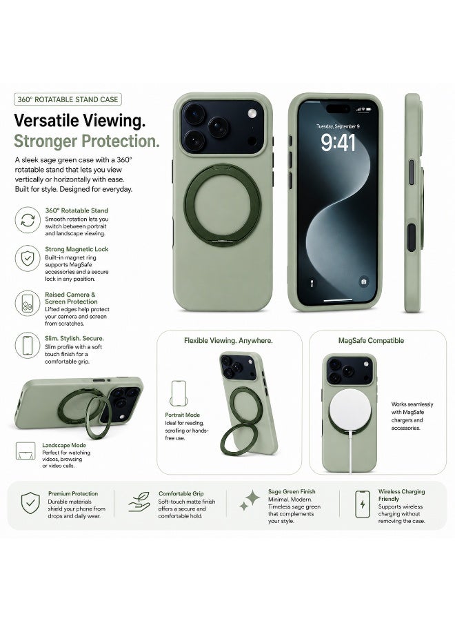 benco Premium Silicone Case with 360° Rotatable Stand for iPhone 17 Pro-Sage Green - Image 2