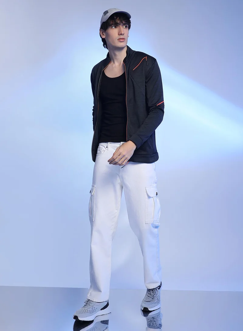 Campus Sutra Men's Black Heathered Activewear Jacket With Reflective Detail