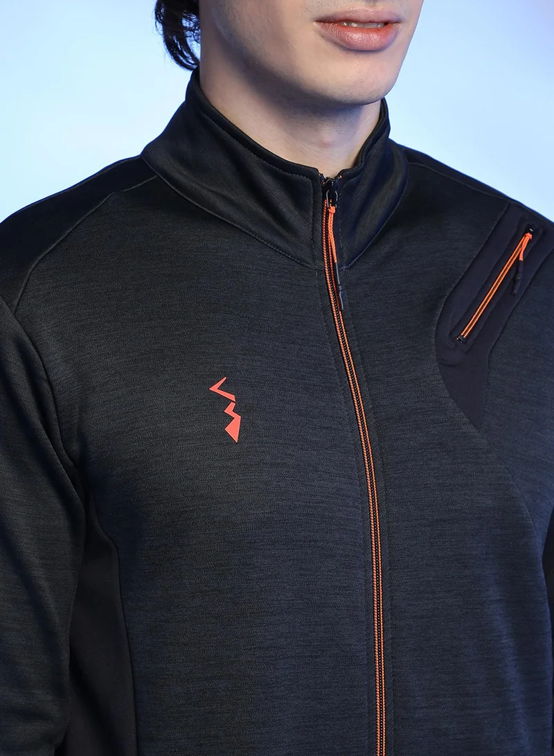 Campus Sutra Men's Black Heathered Activewear Jacket With Reflective Detail