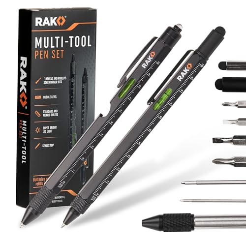 RAK Multitool Pen MultiTool Pens LED Light Flathead Phillips Screwdrivers Level Ruler Bottle Opener and Stylus Cool Gadgets Gifts for Men Dad EDC Pen Tool GiftReady Box Pack of 2