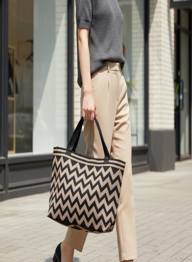 Blue Max Casual Zig Zag Tote Bag for Women | Large Woven Shoulder Handbag with Zipper Closure | Lightweight Everyday Carry Bag for Work, Travel & Shopping (Choclate & Black) - Image 2
