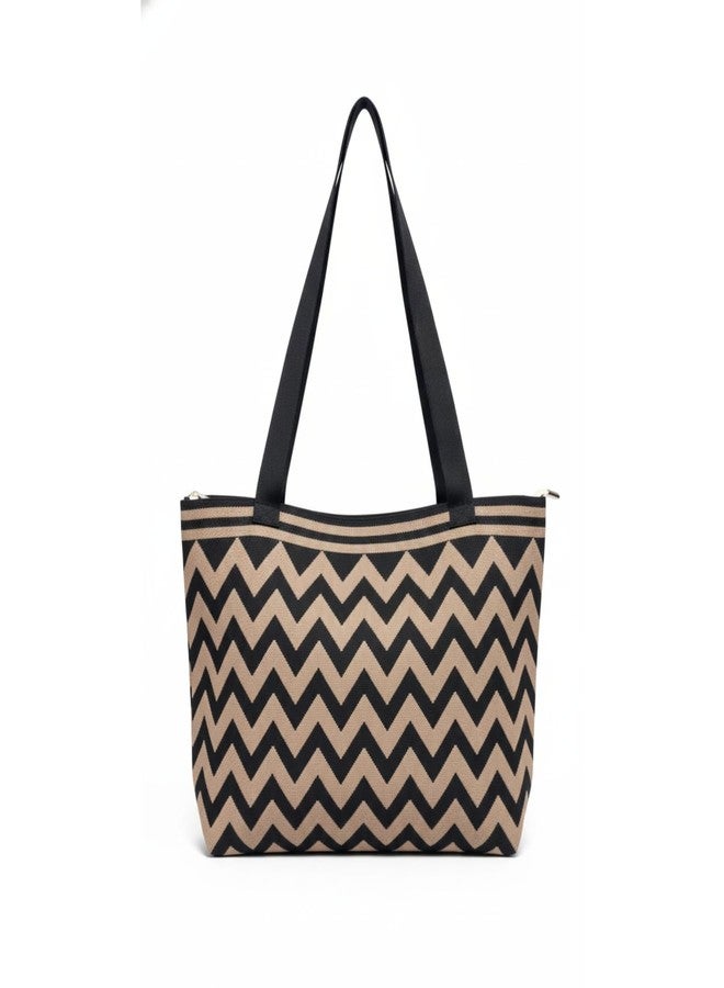 Blue Max Casual Zig Zag Tote Bag for Women | Large Woven Shoulder Handbag with Zipper Closure | Lightweight Everyday Carry Bag for Work, Travel & Shopping (Choclate & Black) - Image 1