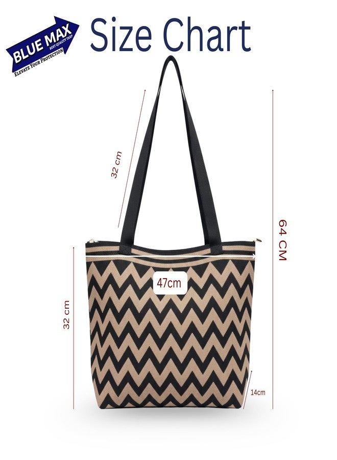 Blue Max Casual Zig Zag Tote Bag for Women | Large Woven Shoulder Handbag with Zipper Closure | Lightweight Everyday Carry Bag for Work, Travel & Shopping (Choclate & Black) - Image 3