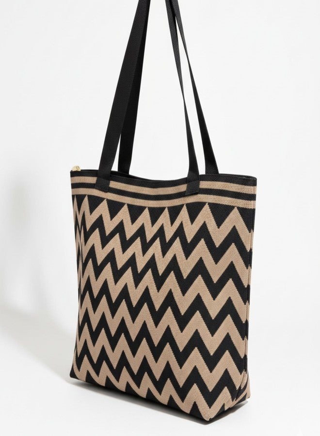 Blue Max Casual Zig Zag Tote Bag for Women | Large Woven Shoulder Handbag with Zipper Closure | Lightweight Everyday Carry Bag for Work, Travel & Shopping (Choclate & Black) - Image 5