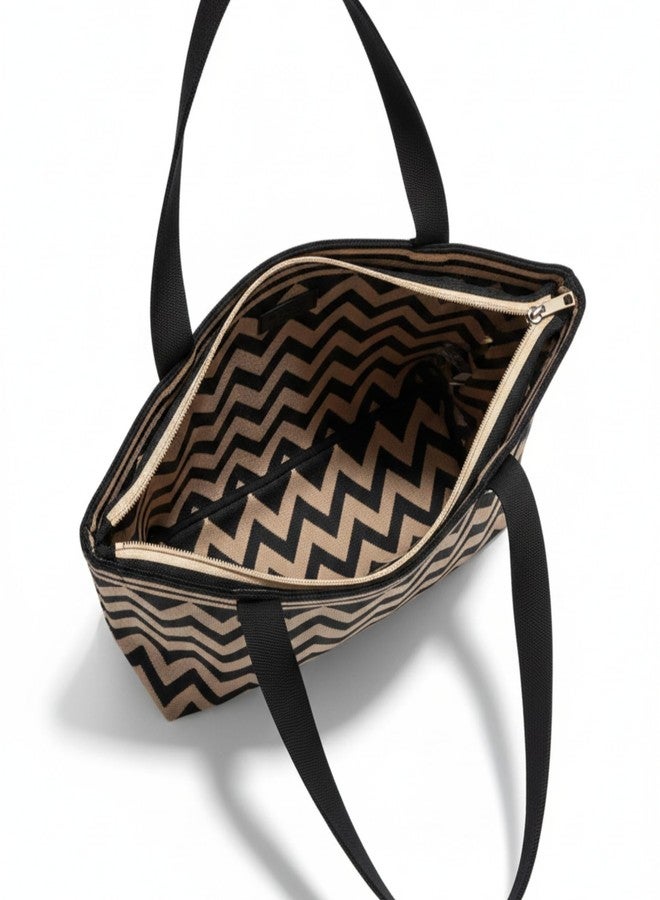 Blue Max Casual Zig Zag Tote Bag for Women | Large Woven Shoulder Handbag with Zipper Closure | Lightweight Everyday Carry Bag for Work, Travel & Shopping (Choclate & Black) - Image 4