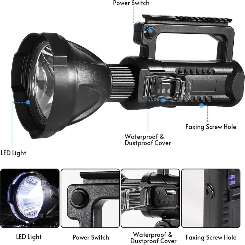CBEX Rechargeable Spotlight Outdoor1000000 Lumens Led Spotlight Flashlight and Foldable Tripod 4 Modes Waterproof Handheld Spot Light for Outdoor Marine Boating Hunting Black - Image 5