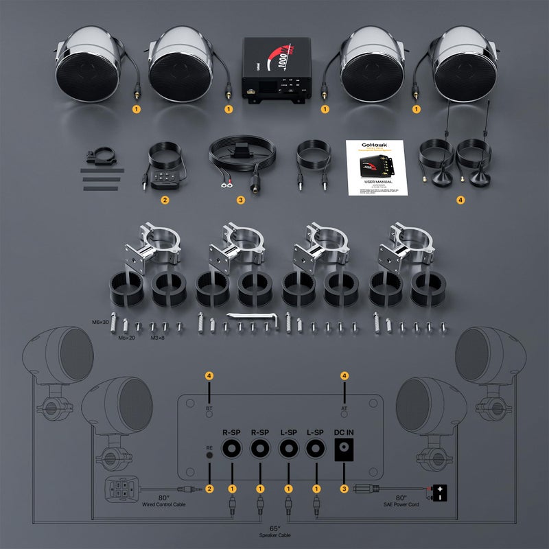 GoHawk Motorcycle Speakers and Amplifier Audio Sound System, 1000W Bluetooth Weatherproof 4 Inch Radio Audio System AUX USB SD FM Radio, Volume Control, ATV UTV Compatible - Image 3