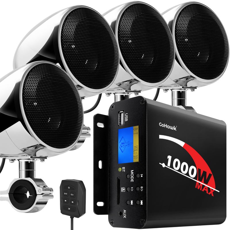 GoHawk Motorcycle Speakers and Amplifier Audio Sound System, 1000W Bluetooth Weatherproof 4 Inch Radio Audio System AUX USB SD FM Radio, Volume Control, ATV UTV Compatible - Image 1