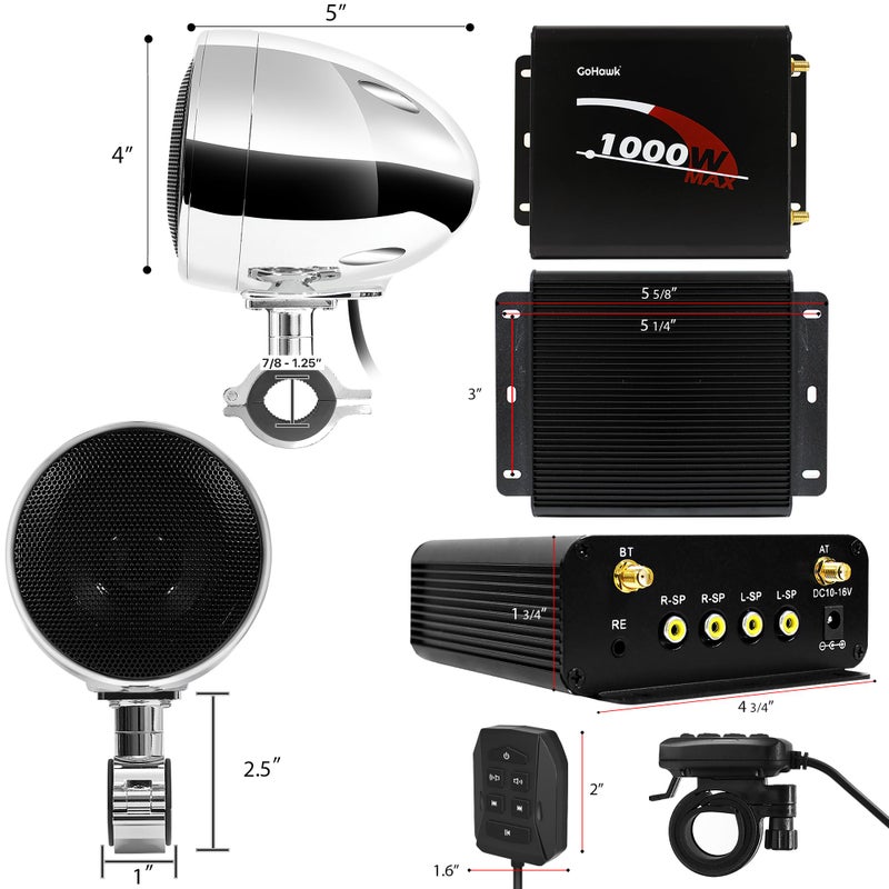 GoHawk Motorcycle Speakers and Amplifier Audio Sound System, 1000W Bluetooth Weatherproof 4 Inch Radio Audio System AUX USB SD FM Radio, Volume Control, ATV UTV Compatible - Image 4