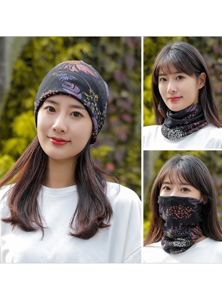 AROAQ Women Casual Beanies Hat, Autumn And Winter Comfortable Twist Hat Bib For Women, Soft Stretchy Women Knit Cap, Warm Neck Sheath Head Hat For Women Girls Teens,(Black Background Sunflower)  - Image 1