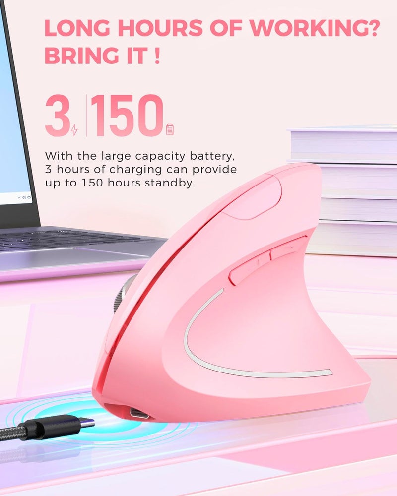 Lekvey Ergonomic Mouse, Vertical Wireless Mouse, Rechargeable 2.4 GHz USB Optical Carpal Tunnel Mice : 800/1200 / 1600 DPI, 6 Buttons, for Laptop, PC, Mac, Computer, Desktop, Notebook etc, Pink - Image 4