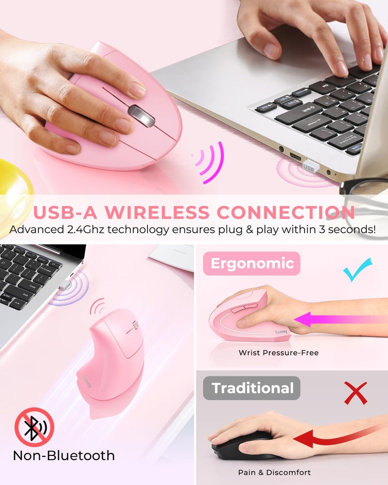 Lekvey Ergonomic Mouse, Vertical Wireless Mouse, Rechargeable 2.4 GHz USB Optical Carpal Tunnel Mice : 800/1200 / 1600 DPI, 6 Buttons, for Laptop, PC, Mac, Computer, Desktop, Notebook etc, Pink - Image 3