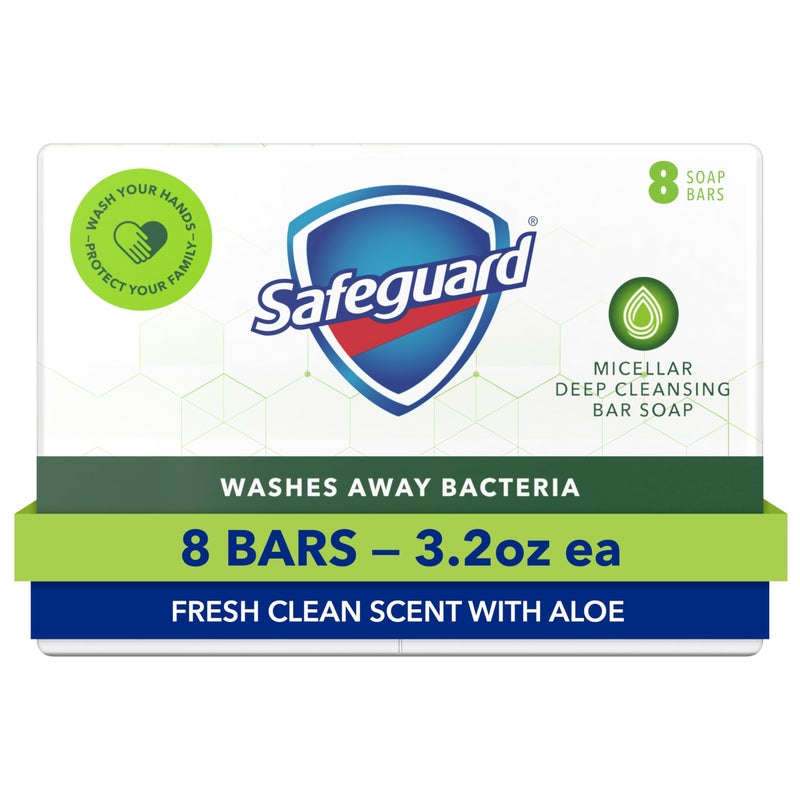 Safeguard Micellar Deep Cleansing Bath Bar Soap Washes Away 99 Percent of Bacteria Leaves Skin Soft Fresh Clean Scent with Aloe 32 oz 8 Count
