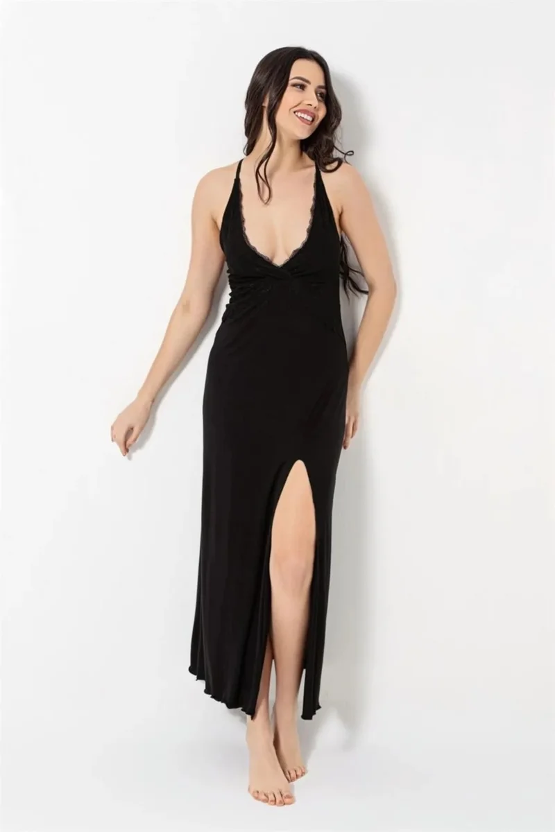 موناميسي 18492 Women's Rope Strap Chest and Back Low-cut Lace Slit Nightgown - Black